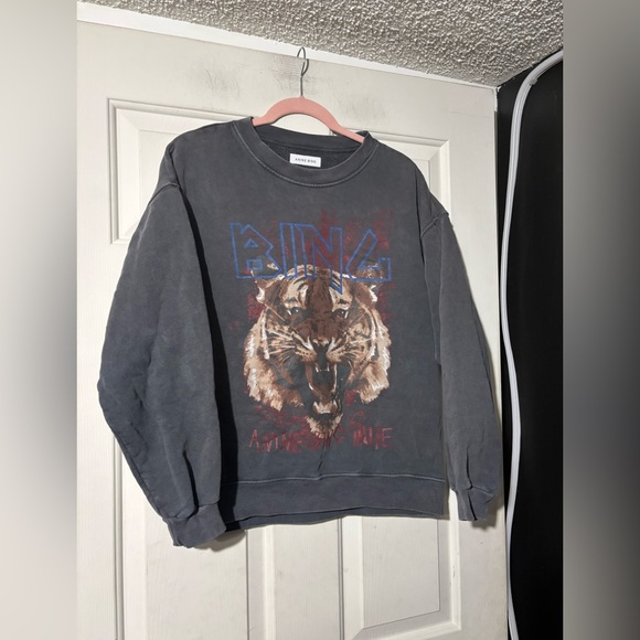 Anine Bing Charcoal Gray Tiger Graphic Sweatshirt with Blue Logo - Picture 2 of 6